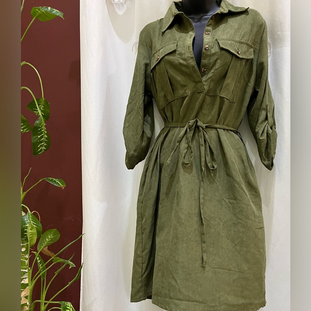 Millenium Womens M Dress 3/4 Roll Tab Sleeve Olive Green Hidden Button Front